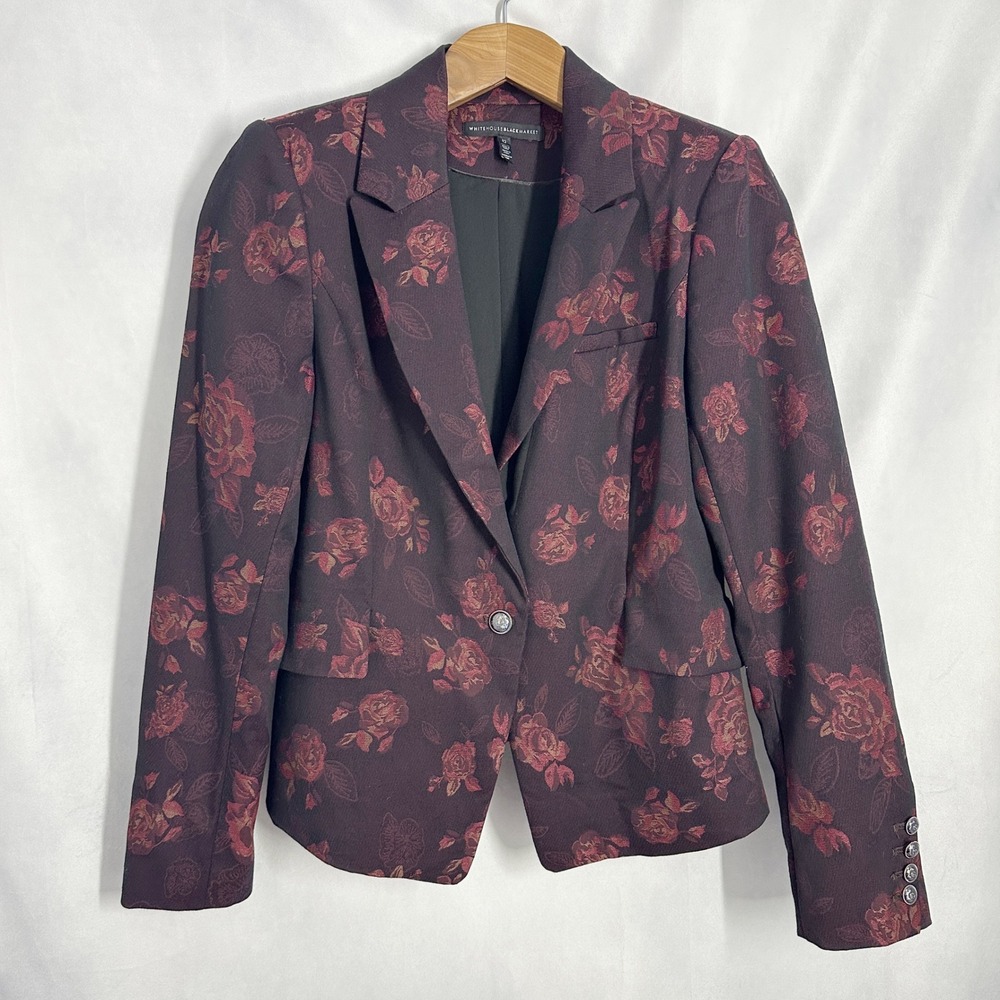 WHBM Burgundy Floral Rose Single Button Blazer Women's Size 12 gold crest button